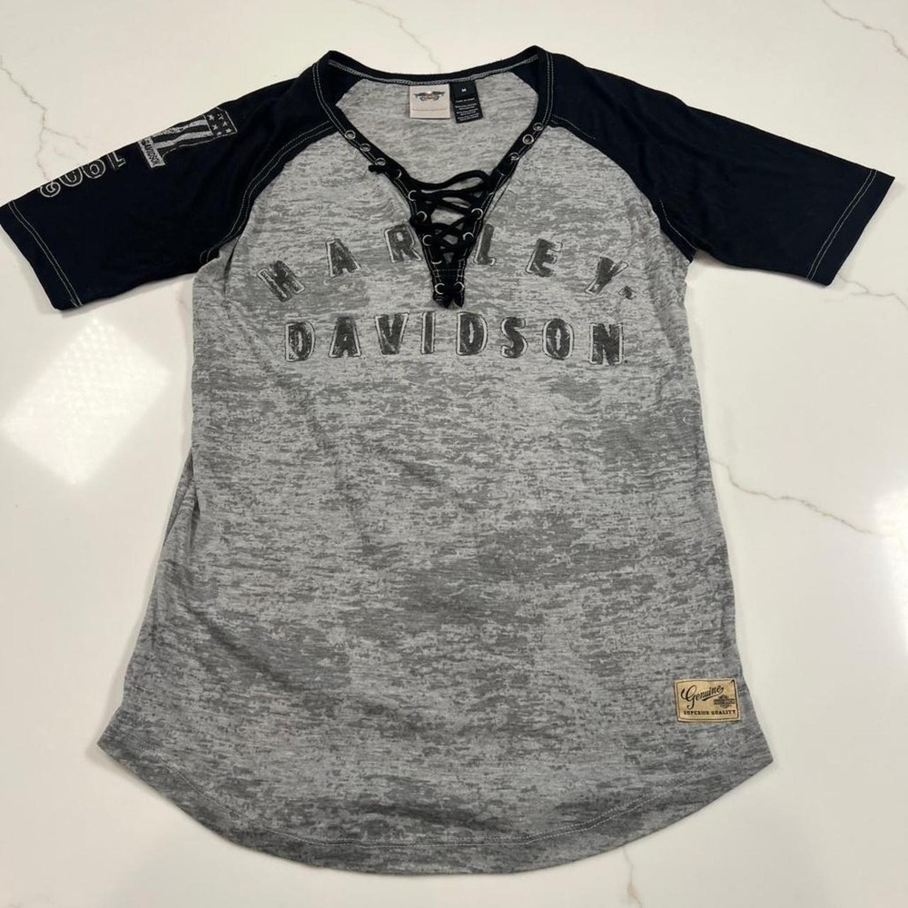 Harley Davidson Lace Up Top Women Medium Grey Black Raglan Eagle Graphic Burnout